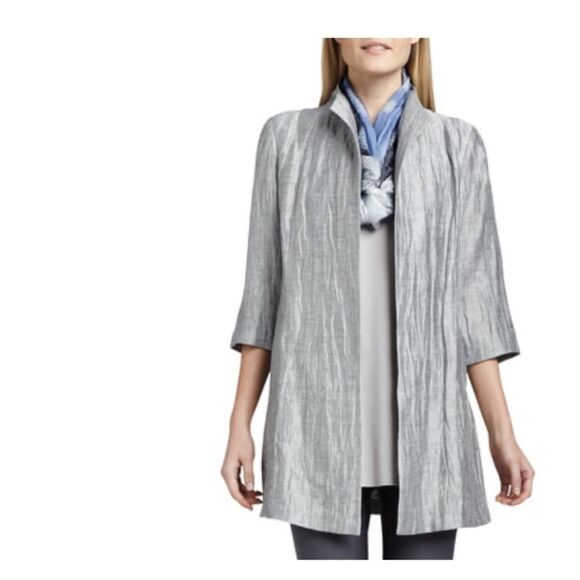 Eileen Fisher Washable Crinkle Sheen Jacket Silver Linen Silk SZ XS - Picture 3 of 10